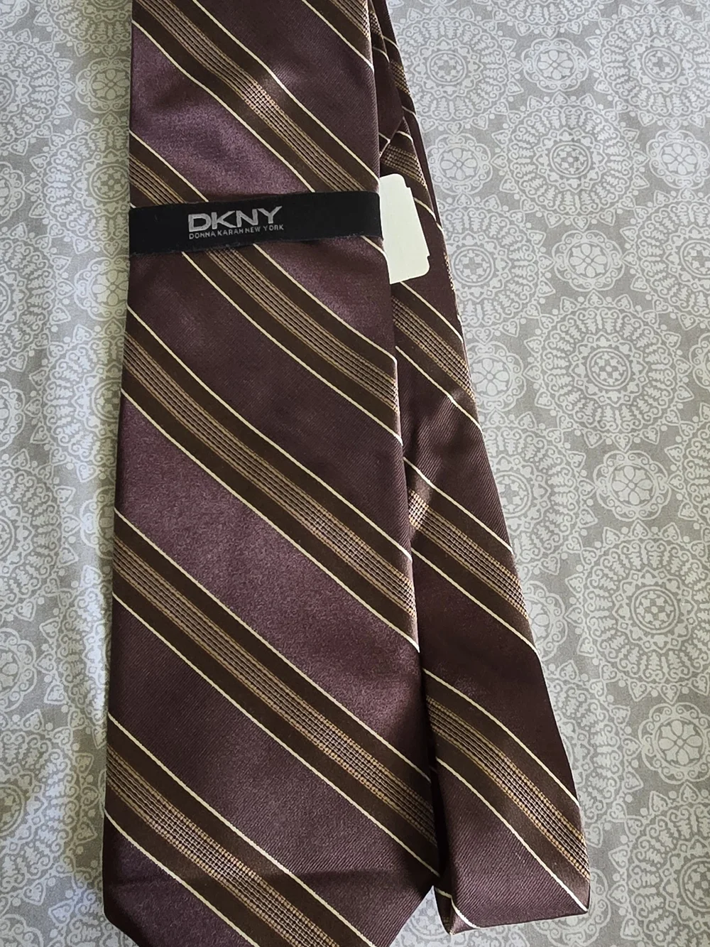 DKNY Burgundy and Gold Striped Silk Tie